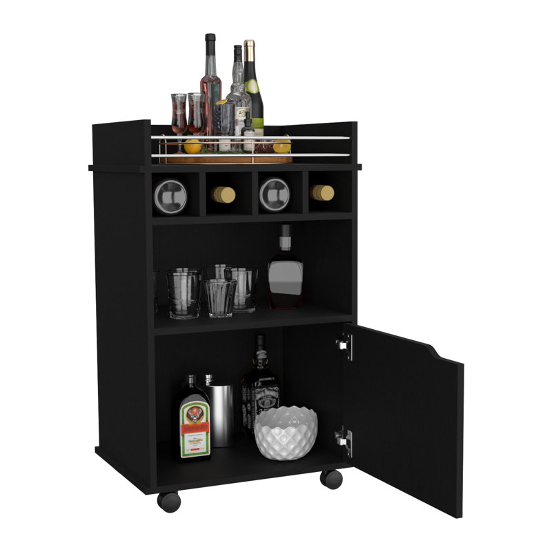Bar Cart with 2 Open Shelves, 4 Wine Cubbies and a Hinged-Door Storage Cabinet, Black