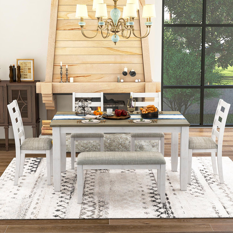 Ensemble de table de salle à manger de style rustique 6 pièces avec 4 chaises rembourrées et un banc (brun et blanc délavé)