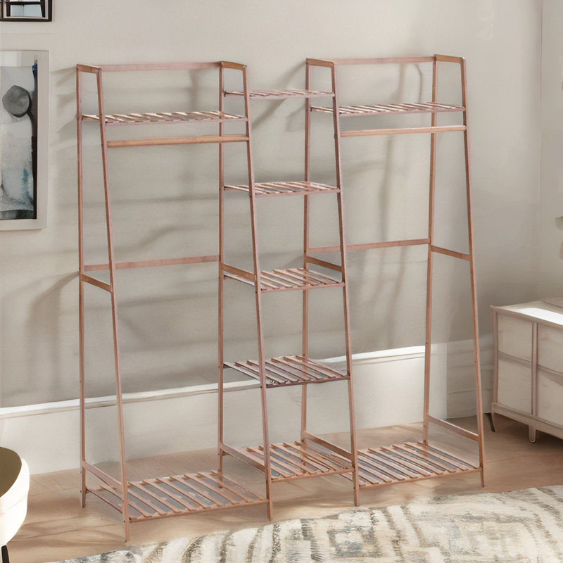 130cm Bamboo Open Wardrobe Garment Rail With Storage Shelves
