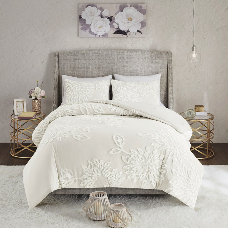 3 pièces, édredon en coton chenille floral, floral, chambre Shabby Chic, Édredon très grand + 2 taies décoratives