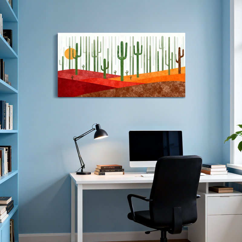 «Plants & Flowers Desert Cactus Landscape Sunset», reproduction d'art, H 16 po x l 32 po
