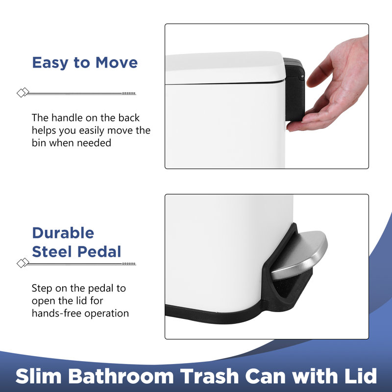 White Rectangular Stainless Steel Pedal Trash Can with Quiet Close Lid
