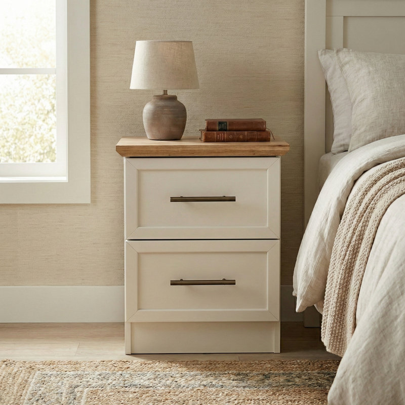 August Grove 2 Drawer Bedside Table, Ivory