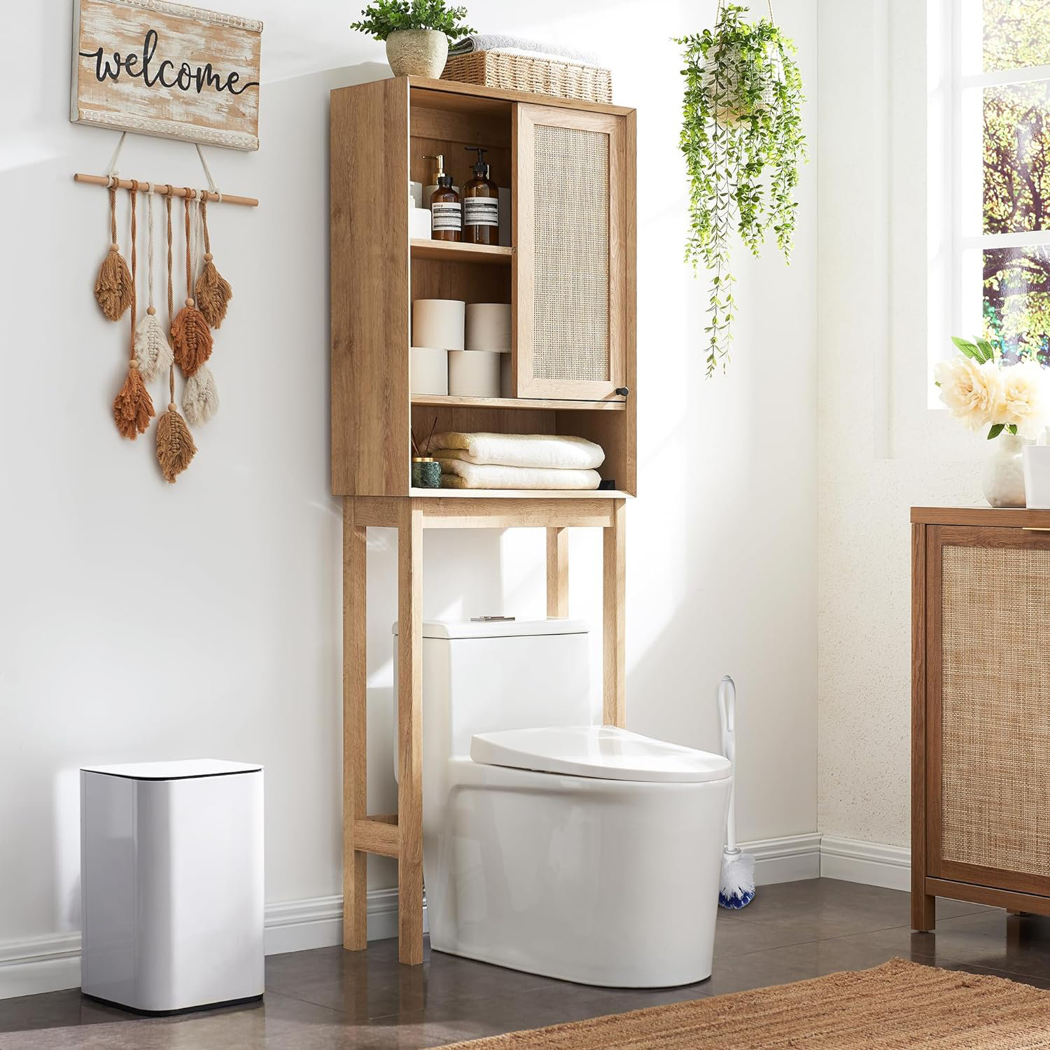 Rebrilliant Nazir Freestanding OvertheToilet Storage, Natural Rattan Bathroom Space Saver