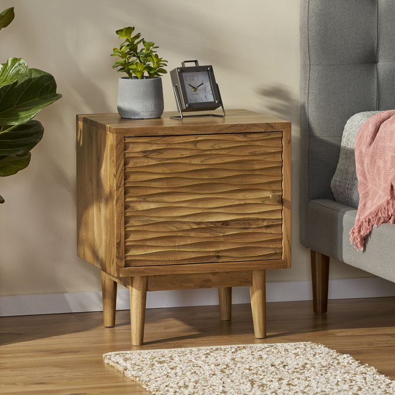  Table de chevet moderne Mid-Century, table de chevet en bois massif avec porte texturée et pieds fuselés, naturel