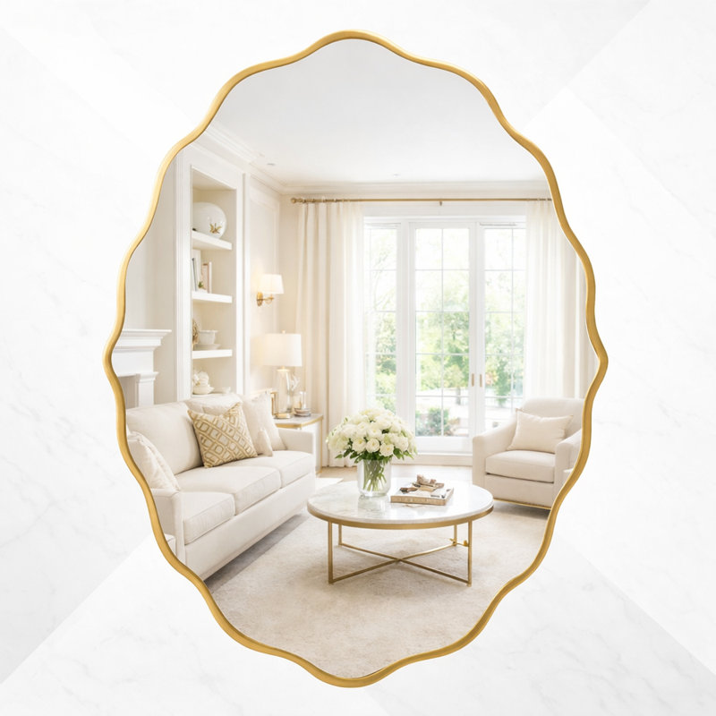 31" H Oval Metal Wall Mirror, Scalloped Wave-Edge Decorative Frame, Vintage Style Accent Mirror, Gold