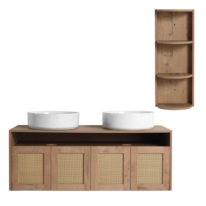 Meuble-lavabo 48 po avec 2 lavabos en céramique et support de rangement, 4 portes à fermeture douce, montage flottant, contreplaqué