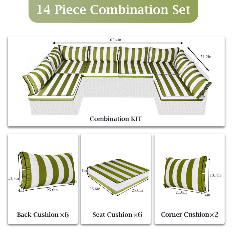 14 Pcs Replaceable Outdoor Cushions Set (set Of 6 Cushions, 6 Backrests, 2 Corner Cushions)-cushion Set Only