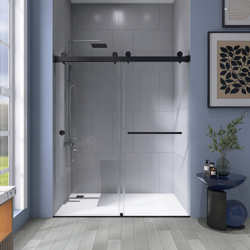 55" - 59" x 72" frameless double sliding shower door with 8mm tempered glass, Matte Black