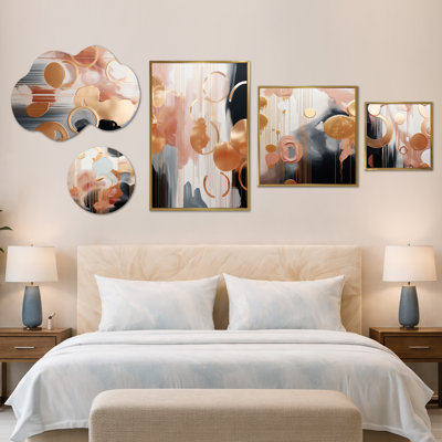 Ensemble de 5 décorations murales abstraites dorées et dorées Harmony II - très grandes décorations en métal et toile (100 po x 40 po)