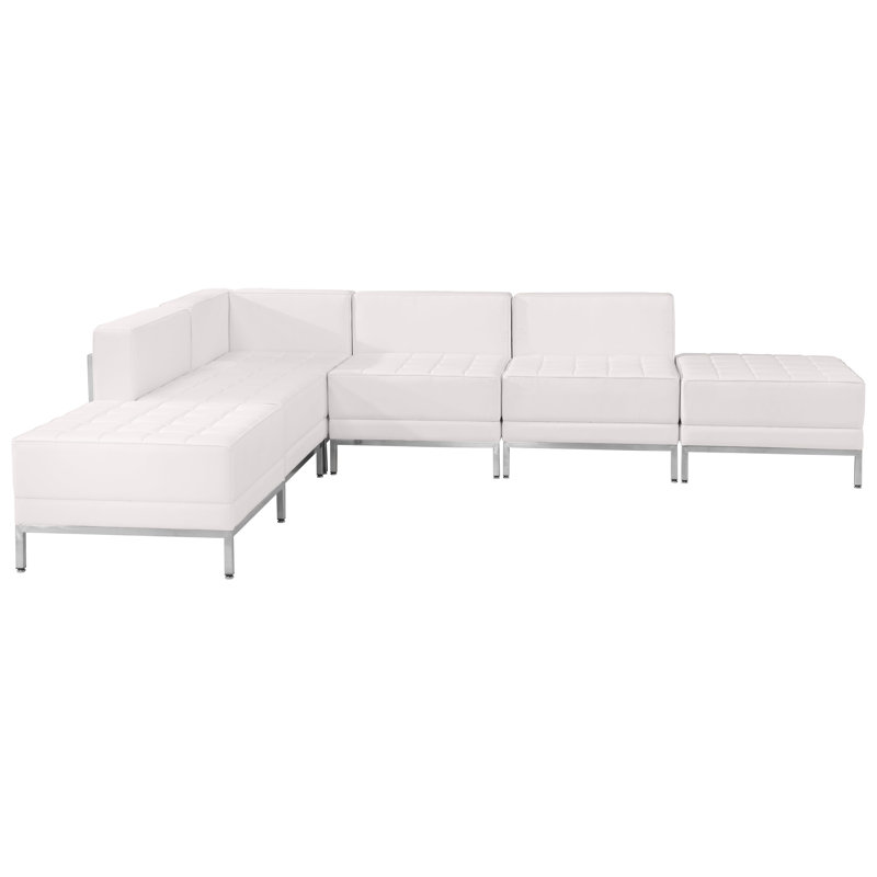 White Faux Leather Six Piece Reception Sectional with Ottoman and Metal Legs