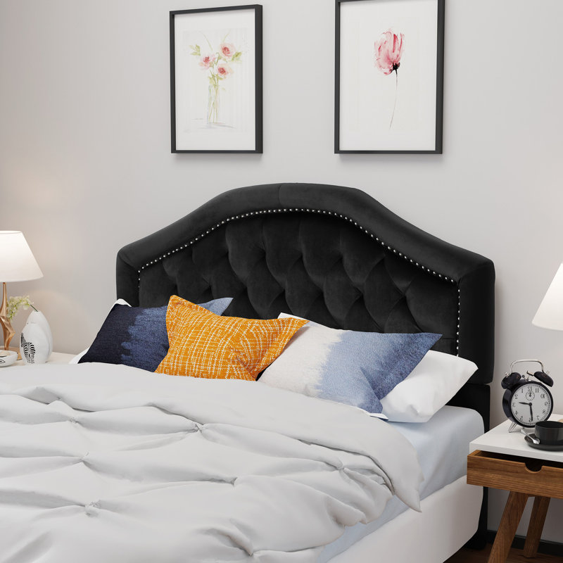 Queen Headboard In Black Velvet, Displaying Contemporary Beauty With Button Tufting Sized Velvet Modern Appeal And, Black