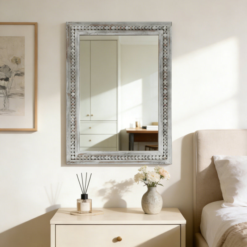 Decorative Rectangular Solid Wood Wall Mirror With Beaded Frame