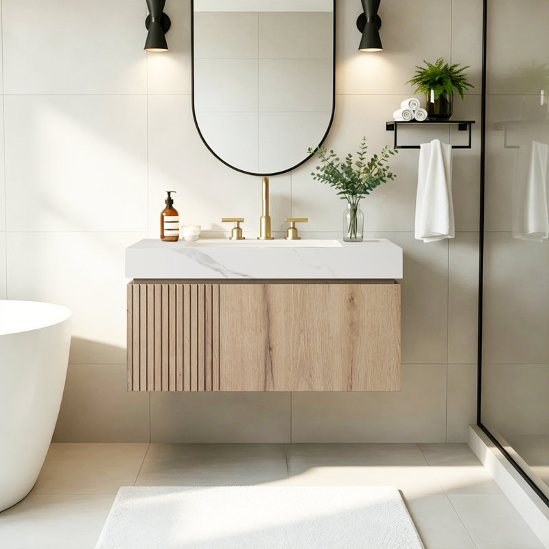 Meuble-lavabo de salle de bain luxueux en pierre frittée Mid-Century