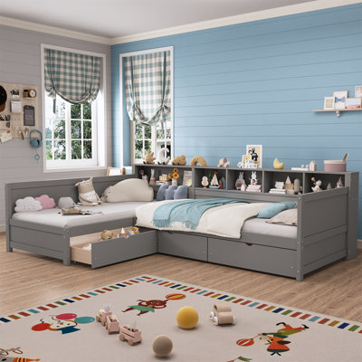 Twin Size Day Bed For 2 - L-Shape Bed Frame With 3 Storage Drawers And Bookshelf - Stylish Corner Bed Frame For Bedroom Or Living Room, Gray by Red Barrel Studio