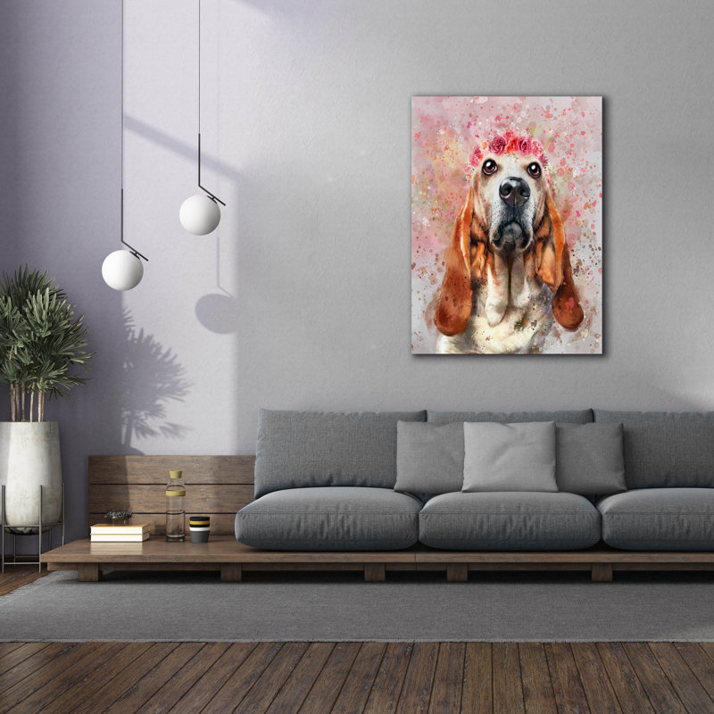 «Flower Crown Basset Hound» par Furbaby Affiliates, art mural sur toile, H 54 po x l 40 po x P 1,5 po