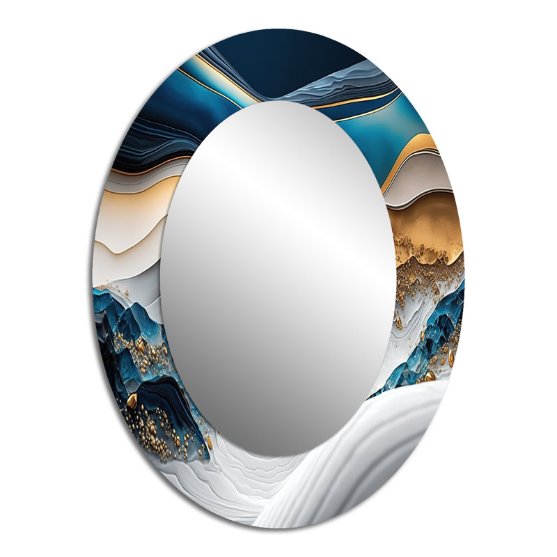 Abstract Geode Waves Blue II - Blue Modern Oval Wall Mirror, 40" x 30"