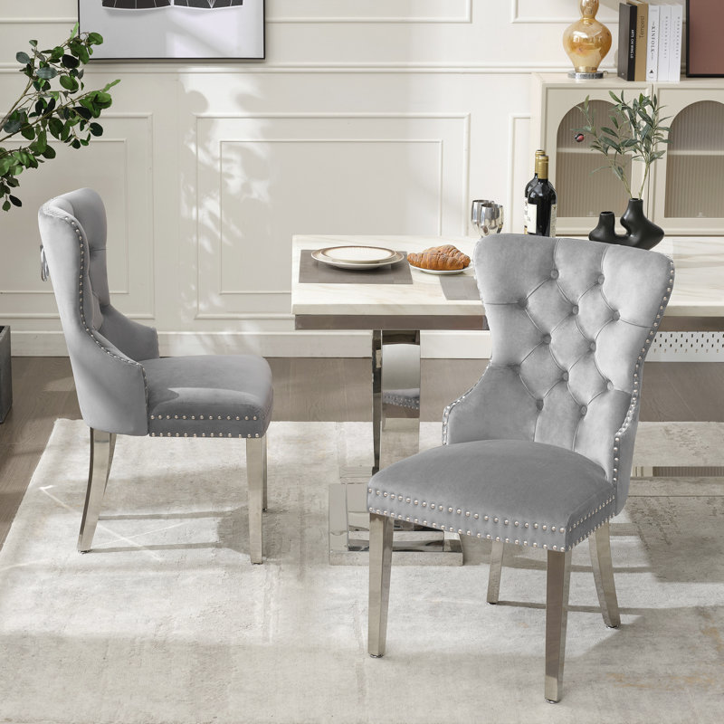Velvet Upholstered Dining Chairs with Stainless Steel Legs, Light Gray