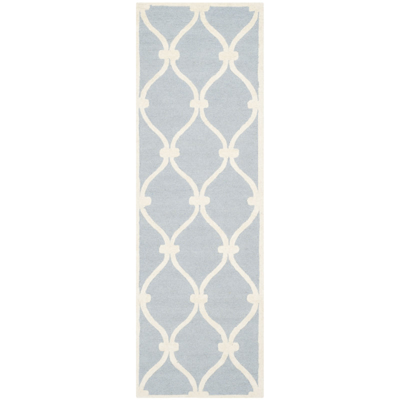 Tapis blanc / bleu en laine à motif géométrique Cannen, Tapis de couloir 2 pi 6 po x 8 pi