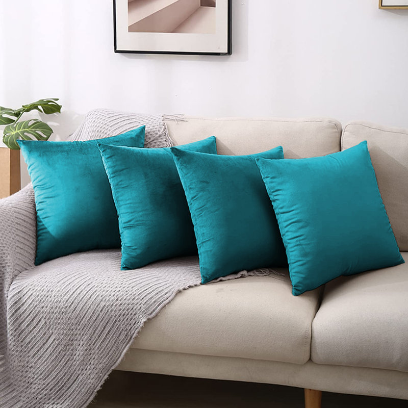 Square Luxury Velvet Throw Cushion Covers for sofa, couch set of 4, Teal