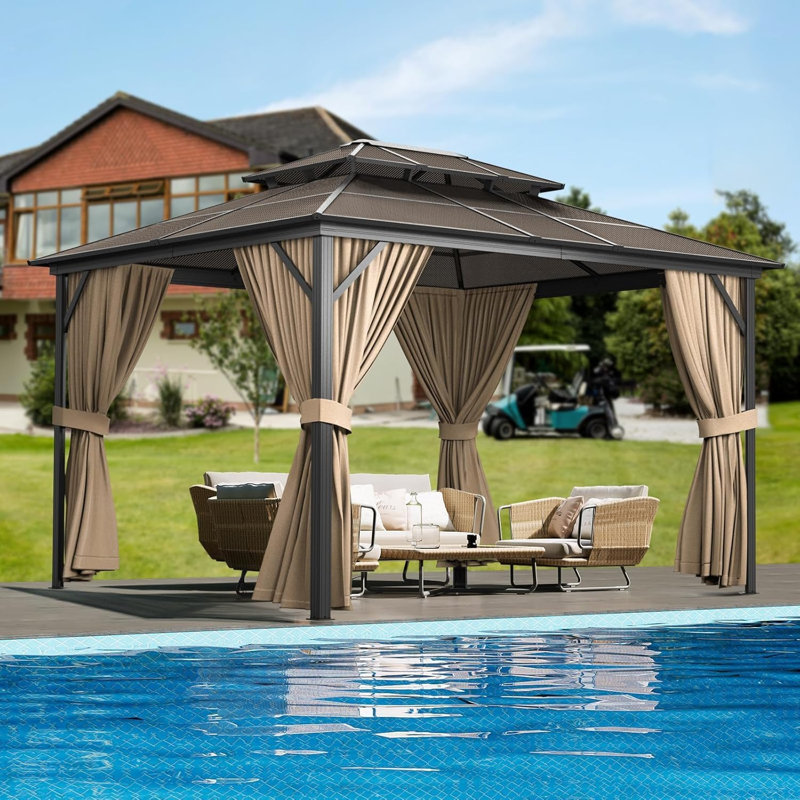 10x12FT Permanent Aluminum Gazebo with Double-Layer PC Roof, Sturdy Metal Pavilion Canopy, All-Weather Outdoor Sunshade Structure with Retractable Curtains for Patio, Backyard, Garden, Deck