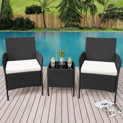3-Piece Outdoor Rattan Furniture Set with All-Weather Cushions,Modern Patio Seating Group with Table Outdoor Garden Furniture Sets for Garden, Backyar by Winston Porter
