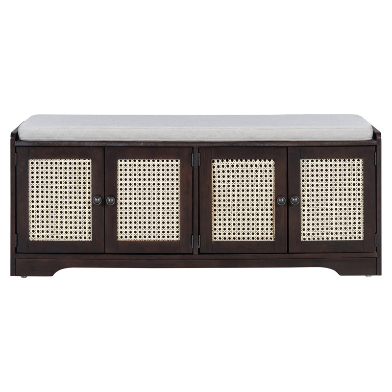 Rustic Storage Bench With Removable Cushion, Woven Rattan Doors & Adjustable Shelves For Entryway, Brown