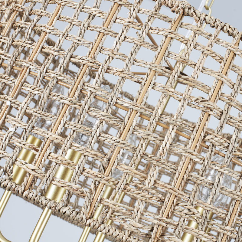 Luminaire suspendu bohème en rotin naturel à 5 lumières Ekkehard, Or vaporisé