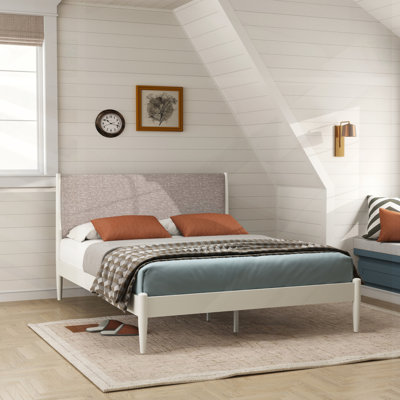 Feeney Rubberwood Platform Bed With Upholstered Headboard, Cream White Finish, And Durable Construction For Modern Bedrooms