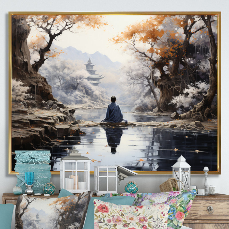 «Gray Buddhism Enlightened Path II», reproduction d'art sur toile, H 12 po x l 20 po x P 1 po, Cadre flottant doré