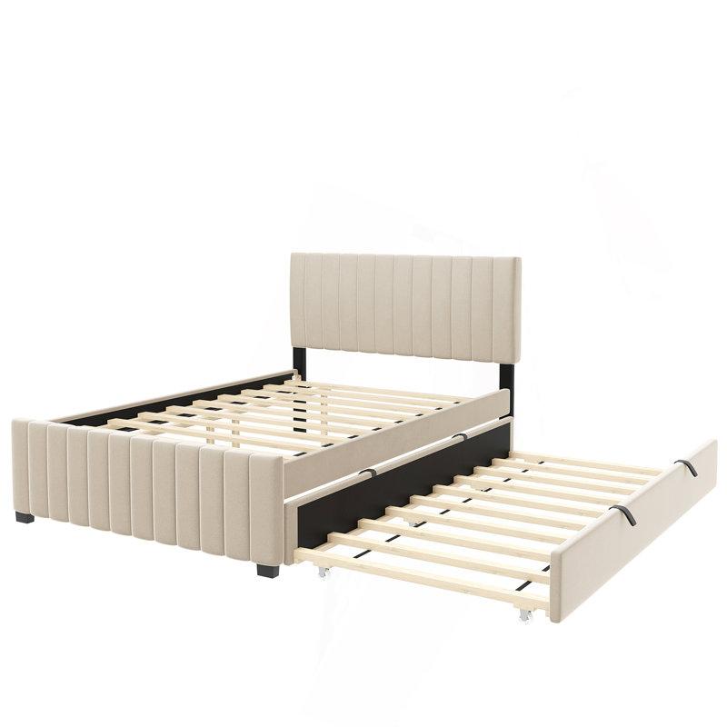 Lit plateforme double en velours avec lit gigogne, Beige