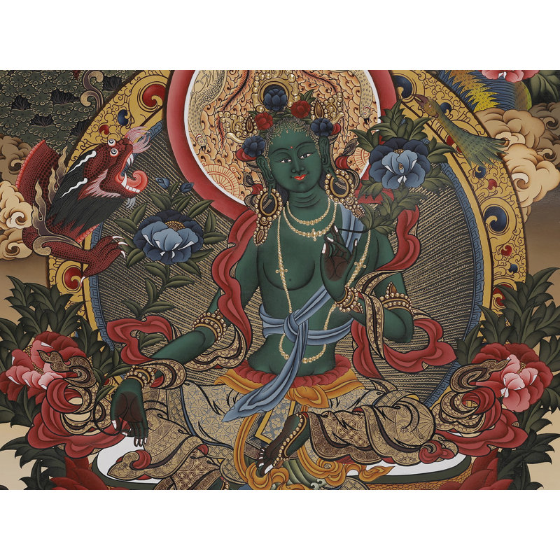 Art mural peint à la main Tara «Swift Compassion» Thangka - H 24 po x l 18 po avec détails or 24 carats