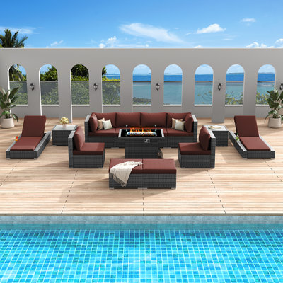 Jiovonni 13-Piece Deep Seating Patio Sectional Conversation Seating Group with 60,000 BTU Fire Pit Table & Chaise Lounges (10-Seat)