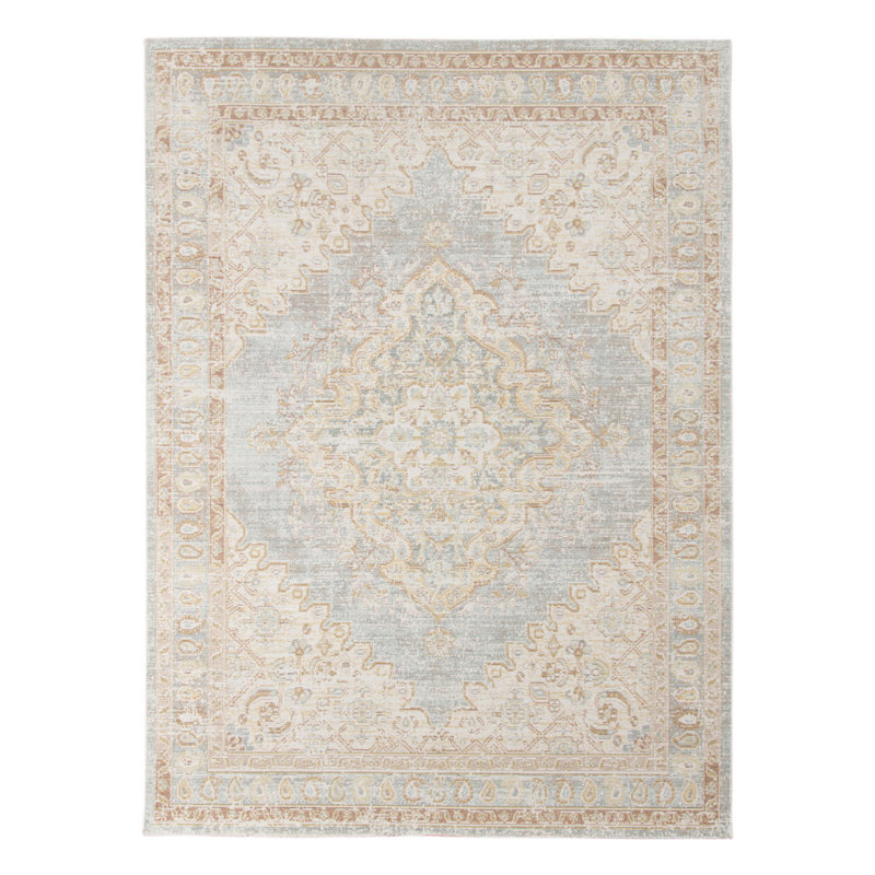 Tapis tissé à la machine 5 pi x 7 pi bleu et gris Medallion