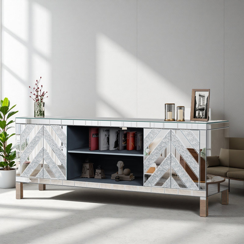 Meuble télé avec miroir pour téléviseur de 65 pouces et plus, console avec rangement ouvert et 2 armoires de rangement, portes de miroir en forme de M pour le salon
