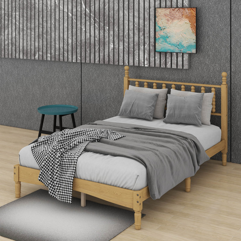 Base de lit en bois avec tête de lit en forme de gourde, lit plateforme avec support en lattes de bois, Lit double