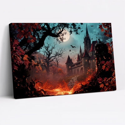 Art gothique sur toile, château gothique sous la pleine lune avec feu rougeoyant