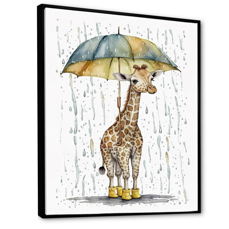 Mignonne girafe avec parapluie, jour de pluie - girafe sur toile, animaux, H 20 po x l 12 po x P 1 po, Cadre flottant noir
