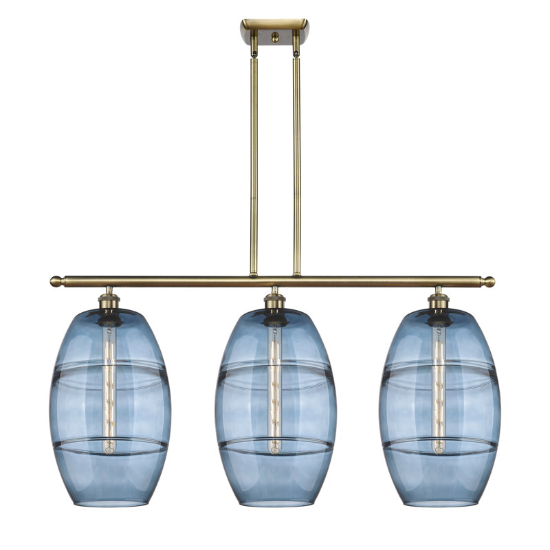 Luminaire suspendu pour îlot de cuisine 3 lumières Dundrod, Laiton antique, Bleu princesse