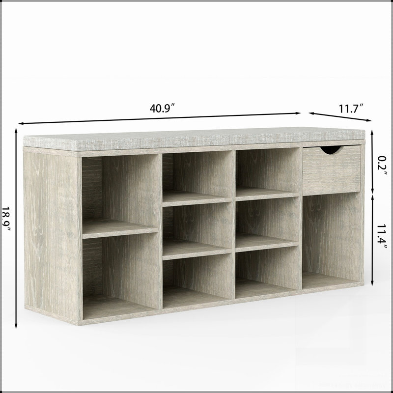 Banc de rangement, banc à chaussures, banc d'entrée avec coussin rembourré, tiroir et compartiments ouverts, banc avec rangement, banc à chaussures à 3 niveaux