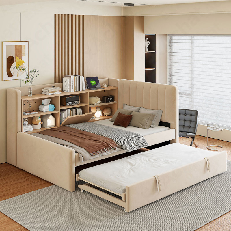Twin Size Upholstered Daybed With Trundle, Storage Shelves, USB & Outlet (Beige), Beige
