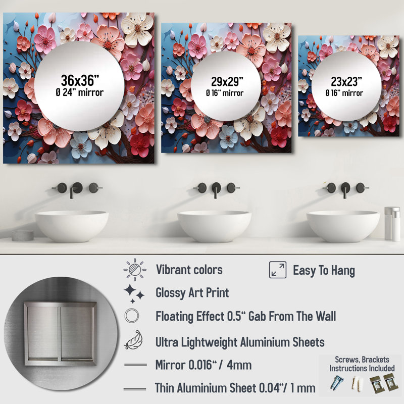 Apple Blossom Harmony I - grand miroir mural carré Apple Blossom pour chambre à coucher, 23 po x 23 po