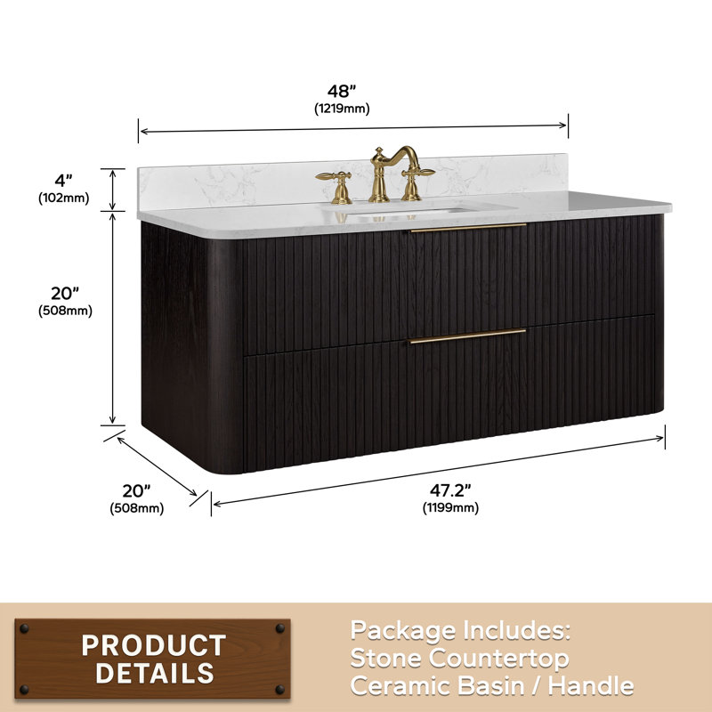 Meuble-lavabo flottant 48 po avec lavabo, meuble-lavabo mural cannelé, comptoir en faux marbre, tiroir à fermeture en douceur, entièrement assemblé, chêne noir