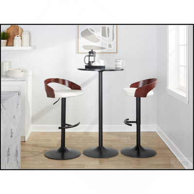 Tabouret réglable avec pivot en métal noir, bois d'acajou et similicuir blanc avec repose-pieds arrondi en T - ensemble de 3