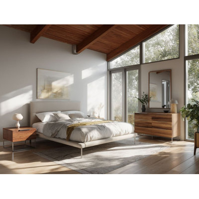 Bergeron + Lorenzo - Contemporary Cream Fabric + Light Oak 4-piece Bedroom Set