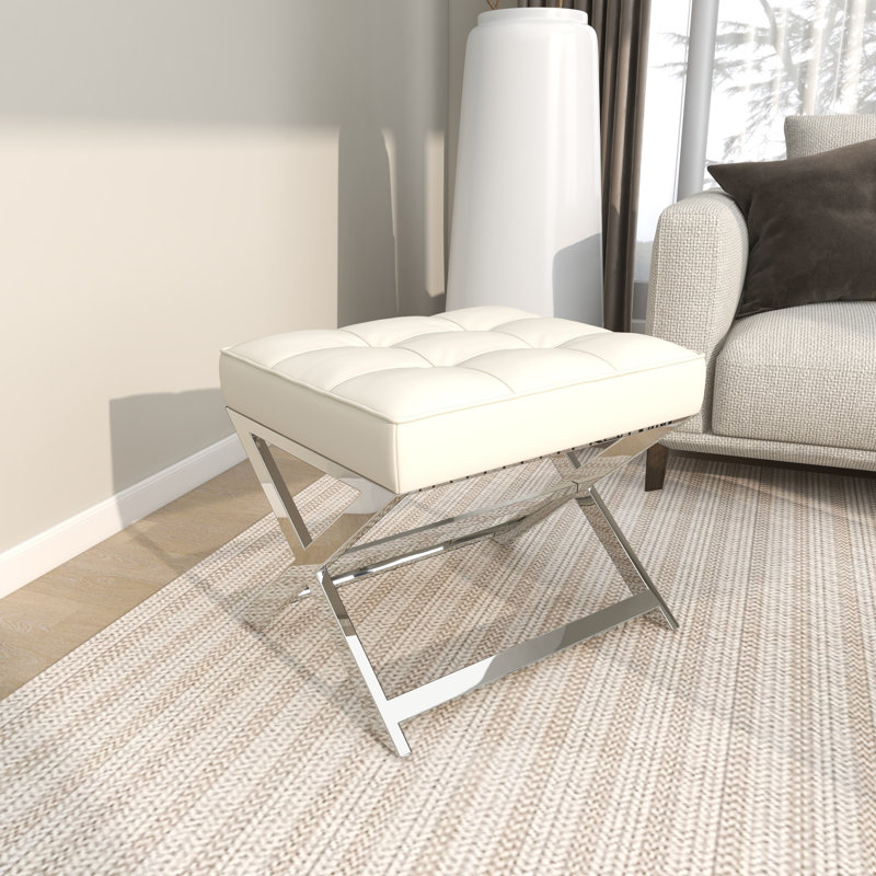 Tabouret en cuir Villatoro avec supports en acier inoxydable, Blanc