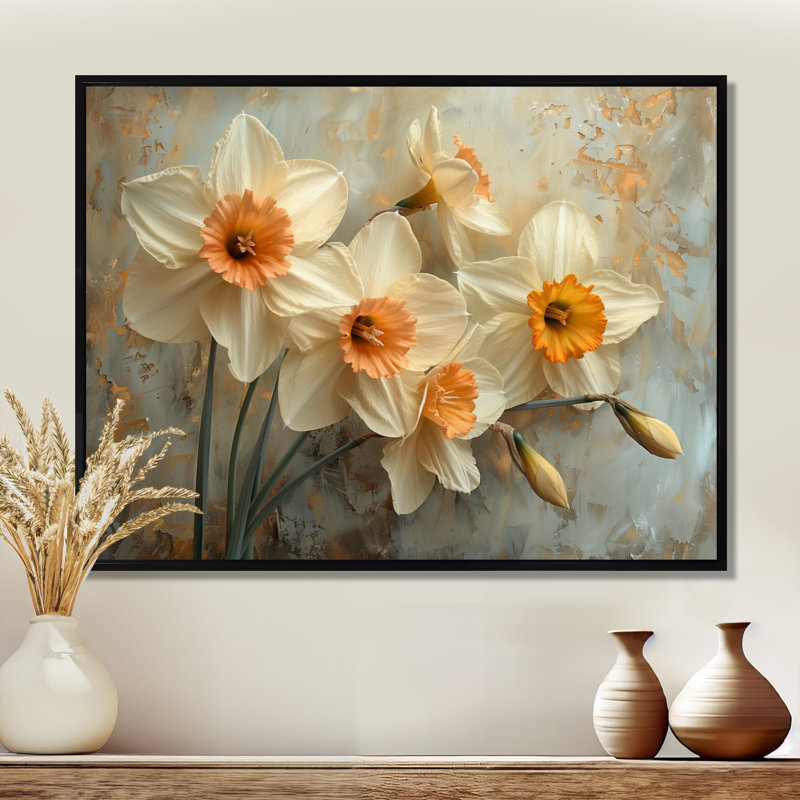 Jaune jaune blanc fragiles jonquilles - jonquilles murales salon, Cadre flottant noir, H 16 po x l 32 po