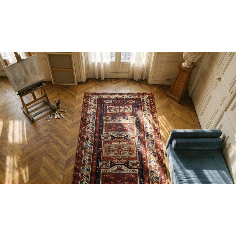 Antique Hallway Runner Size Tribal Geometric Caucasian Kuba Rug