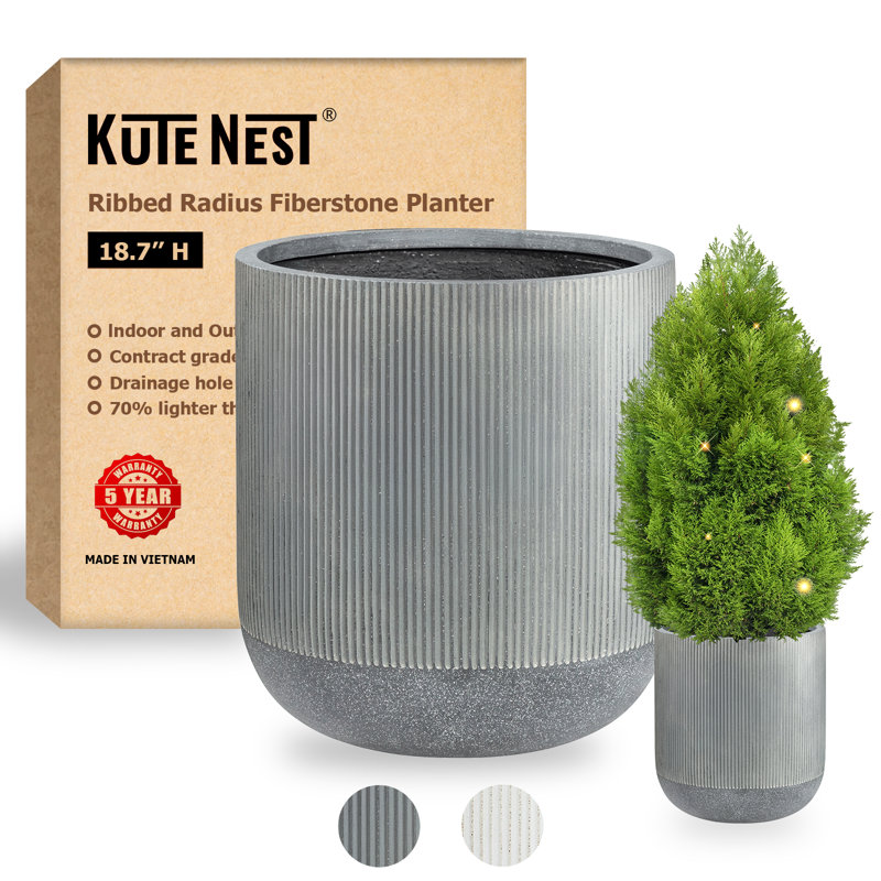 Kute Nest Indoor/Outdoor Small Ribbed Radius Fiberstone Planter, 18.7" H x 16.9" W x 16.9" D, Charcoal