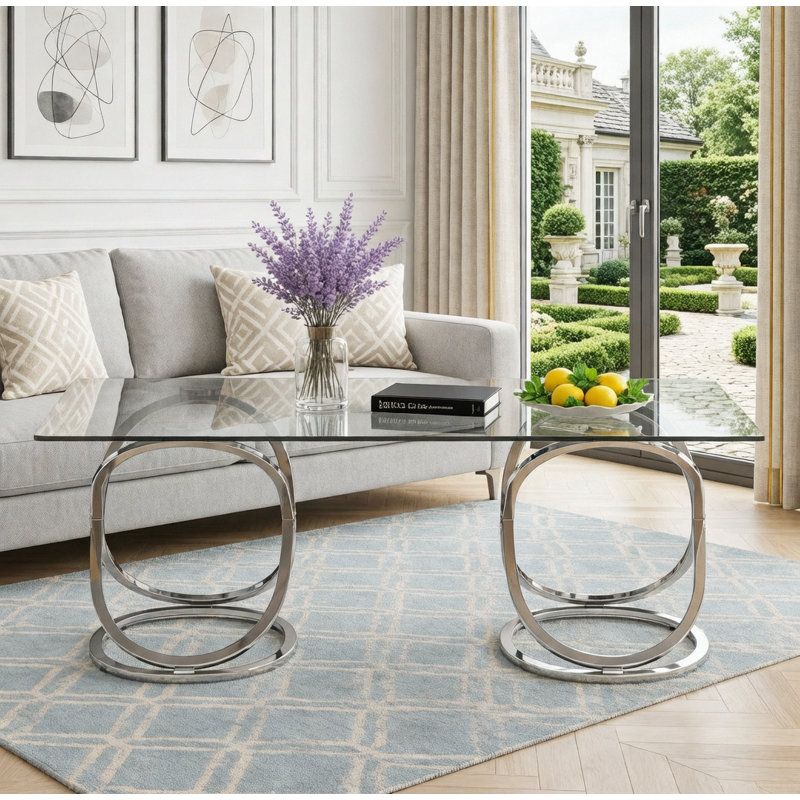 Modern Rectangle Glass Coffee Table With Ring-Shaped Frames And Tempered Glass For Living Room, Bedroom And Office, Silver